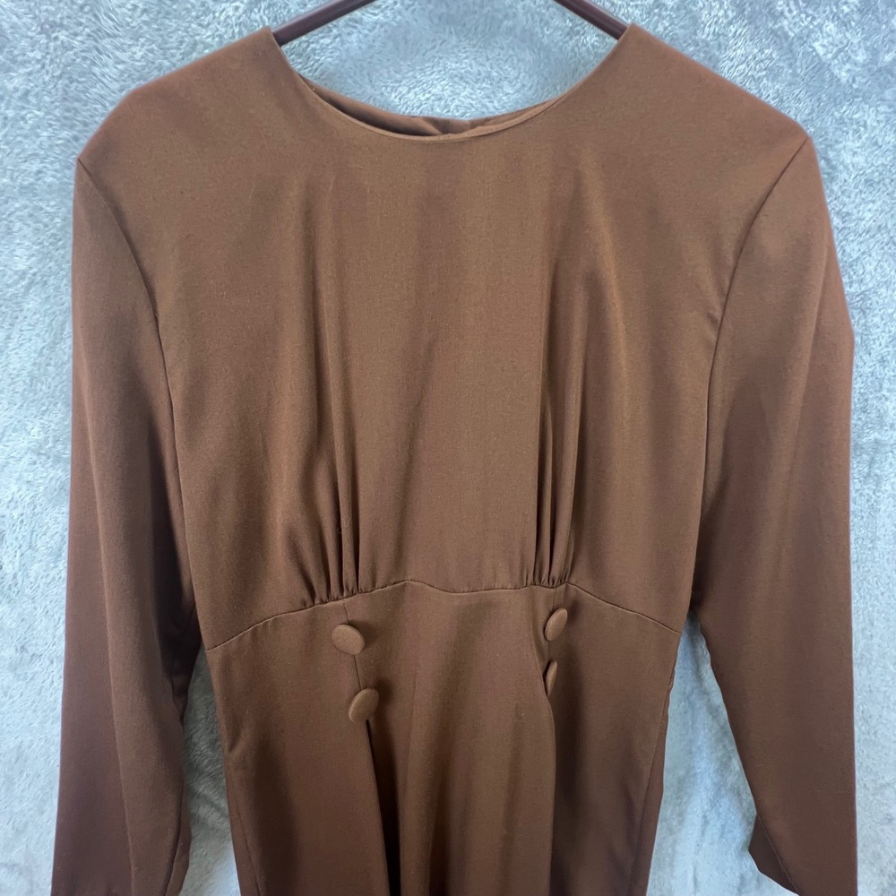 Vintage 90s Brown Long Sleeve Midi Dress Button Waist Sz 10 Retro Modest Grunge